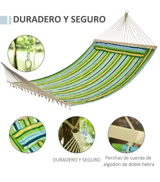 Hamaca Colgante de Jardín para 2 Personas Hamaca Ecológico para Camping con Almohada Carga de 180 kg Rayas Azules y Verdes 3,4x1