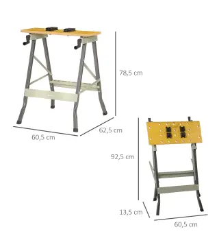 Banco de Trabajo Plegable 4 en 1 Mesa de Trabajo con 4 Abrazaderas 2 Manivelas 62,5x60,5x78,5 cm Natural y Gris