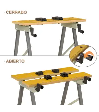 Banco de Trabajo Plegable 4 en 1 Mesa de Trabajo con 4 Abrazaderas 2 Manivelas 62,5x60,5x78,5 cm Natural y Gris