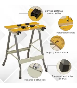 Banco de Trabajo Plegable 4 en 1 Mesa de Trabajo con 4 Abrazaderas 2 Manivelas 62,5x60,5x78,5 cm Natural y Gris