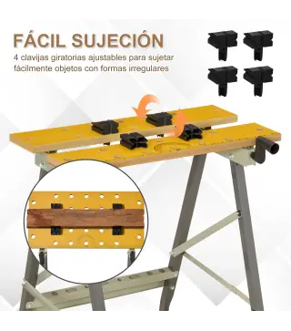 Banco de Trabajo Plegable 4 en 1 Mesa de Trabajo con 4 Abrazaderas 2 Manivelas 62,5x60,5x78,5 cm Natural y Gris