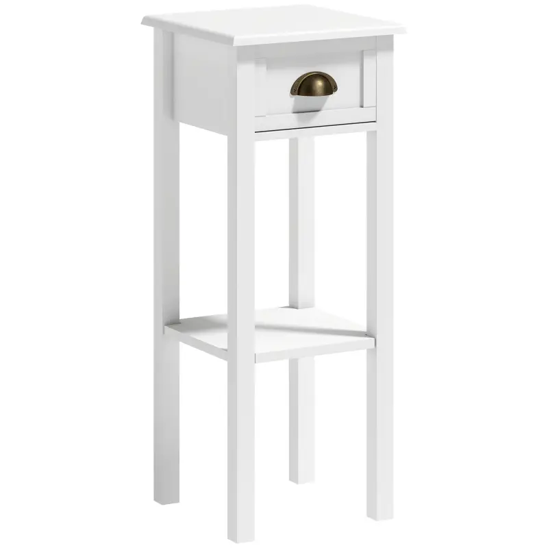 Mesa Auxiliar Moderna, Mesa Auxiliar para Sofá, con Cajón y Estante, Mesita de Noche para Salón, Dormitorio, 30x30x75 cm, Blanco