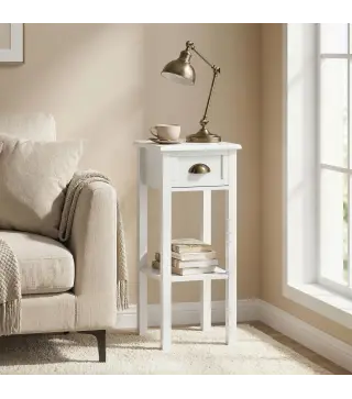 Mesa Auxiliar Moderna, Mesa Auxiliar para Sofá, con Cajón y Estante, Mesita de Noche para Salón, Dormitorio, 30x30x75 cm, Blanco