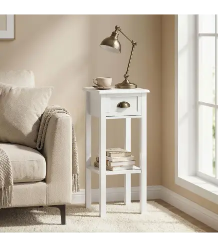 Mesa Auxiliar Moderna, Mesa Auxiliar para Sofá, con Cajón y Estante, Mesita de Noche para Salón, Dormitorio, 30x30x75 cm, Blanco