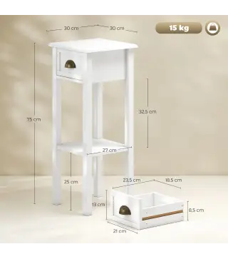 Mesa Auxiliar Moderna, Mesa Auxiliar para Sofá, con Cajón y Estante, Mesita de Noche para Salón, Dormitorio, 30x30x75 cm, Blanco