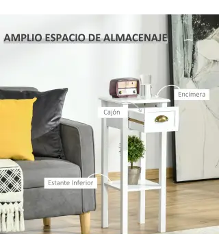 Mesa Auxiliar Moderna, Mesa Auxiliar para Sofá, con Cajón y Estante, Mesita de Noche para Salón, Dormitorio, 30x30x75 cm, Blanco