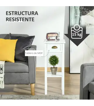 Mesa Auxiliar Moderna, Mesa Auxiliar para Sofá, con Cajón y Estante, Mesita de Noche para Salón, Dormitorio, 30x30x75 cm, Blanco