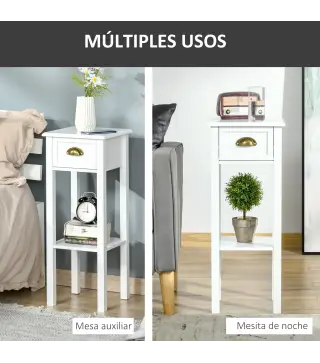 Mesa Auxiliar Moderna, Mesa Auxiliar para Sofá, con Cajón y Estante, Mesita de Noche para Salón, Dormitorio, 30x30x75 cm, Blanco