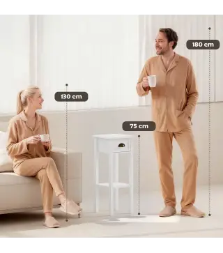 Mesa Auxiliar Moderna, Mesa Auxiliar para Sofá, con Cajón y Estante, Mesita de Noche para Salón, Dormitorio, 30x30x75 cm, Blanco