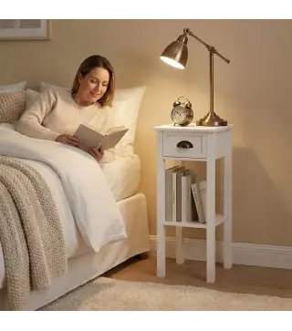 Mesa Auxiliar Moderna, Mesa Auxiliar para Sofá, con Cajón y Estante, Mesita de Noche para Salón, Dormitorio, 30x30x75 cm, Blanco