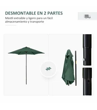 Parasol de Terraza con Mástil de Aluminio Techo de Ventilación y Poste Desmontable Impermeable para Patio Verde