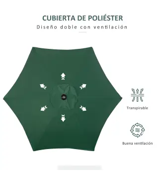 Parasol de Terraza con Mástil de Aluminio Techo de Ventilación y Poste Desmontable Impermeable para Patio Verde