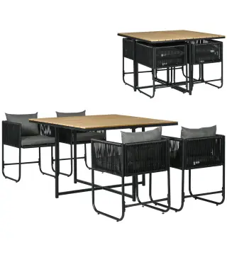 Conjunto de Jardín Exterior con Mesa Cuadrada 110x110x75 cm y 4 Sillas con Cojines 50,5x49,5x67 cm Negro y Natural