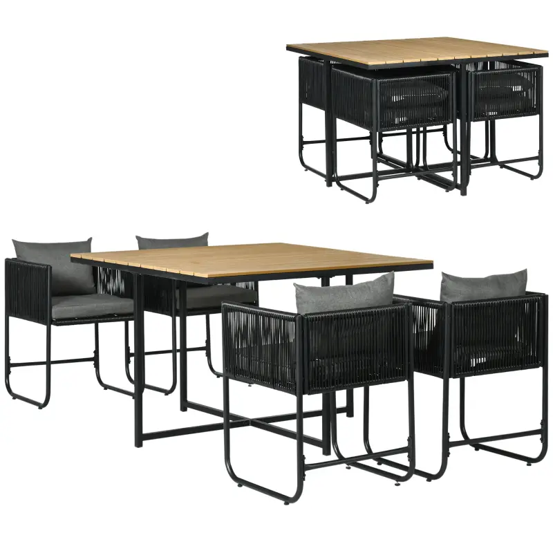 Conjunto de Jardín Exterior con Mesa Cuadrada 110x110x75 cm y 4 Sillas con Cojines 50,5x49,5x67 cm Negro y Natural