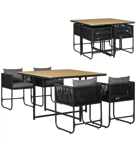 Conjunto de Jardín Exterior con Mesa Cuadrada 110x110x75 cm y 4 Sillas con Cojines 50,5x49,5x67 cm Negro y Natural