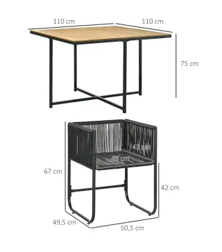 Conjunto de Jardín Exterior con Mesa Cuadrada 110x110x75 cm y 4 Sillas con Cojines 50,5x49,5x67 cm Negro y Natural