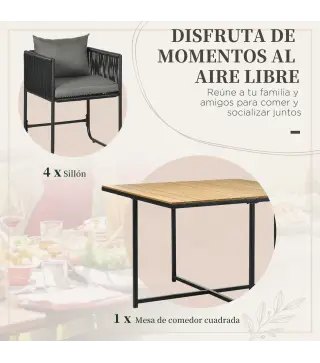 Conjunto de Jardín Exterior con Mesa Cuadrada 110x110x75 cm y 4 Sillas con Cojines 50,5x49,5x67 cm Negro y Natural