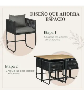 Conjunto de Jardín Exterior con Mesa Cuadrada 110x110x75 cm y 4 Sillas con Cojines 50,5x49,5x67 cm Negro y Natural