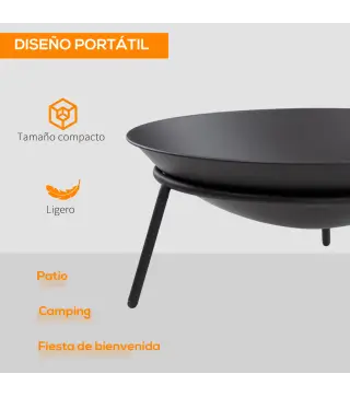Brasero de Exterior para Jardín Pozo de Fuego de Metal con Atizador para Patio Terraza Ø47x21 cm Negro