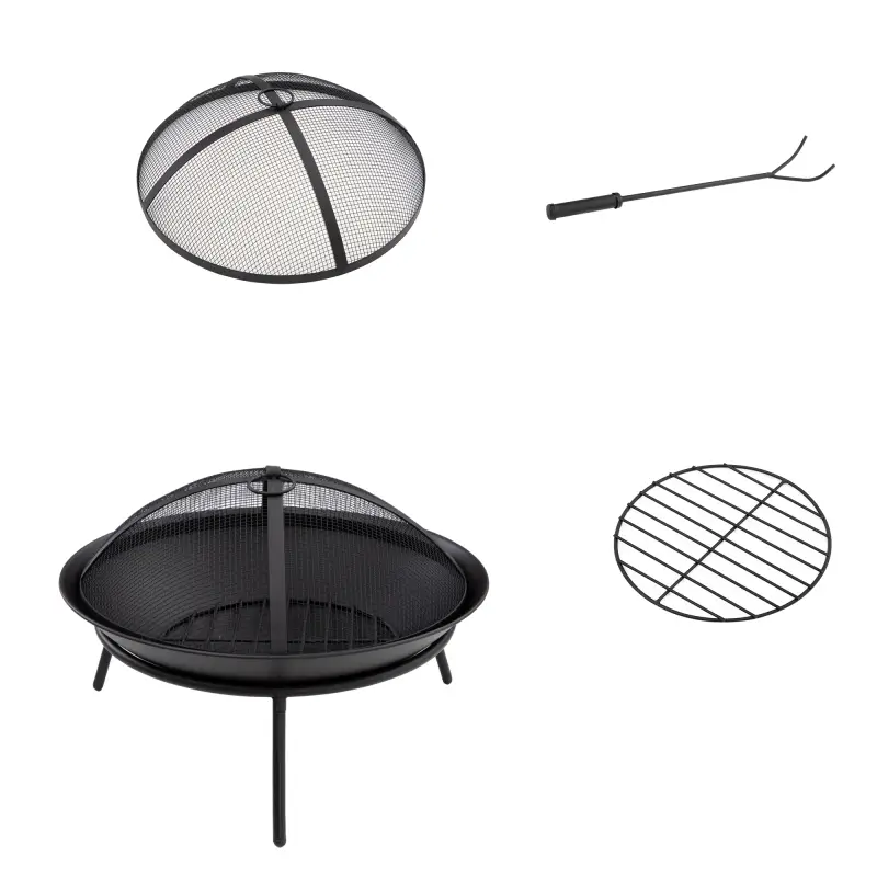 Brasero de Exterior con Tapa y Atizador Pozo de Fuego de Metal para Terraza Patio Jardín Ø47x33 cm Negro