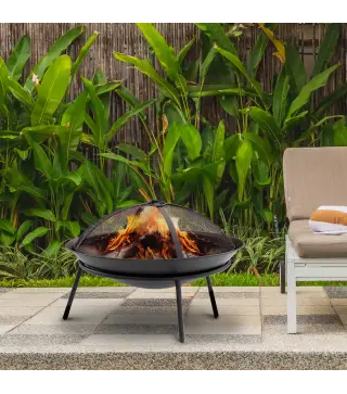 Brasero de Exterior con Tapa y Atizador Pozo de Fuego de Metal para Terraza Patio Jardín Ø47x33 cm Negro