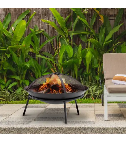 Brasero de Exterior con Tapa y Atizador Pozo de Fuego de Metal para Terraza Patio Jardín Ø47x33 cm Negro
