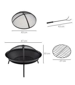 Brasero de Exterior con Tapa y Atizador Pozo de Fuego de Metal para Terraza Patio Jardín Ø47x33 cm Negro