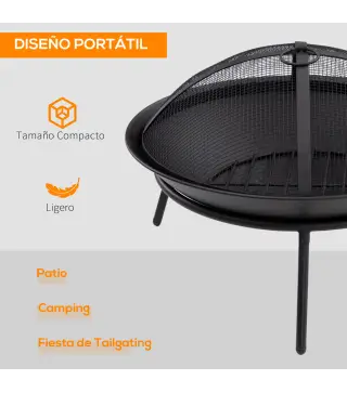 Brasero de Exterior con Tapa y Atizador Pozo de Fuego de Metal para Terraza Patio Jardín Ø47x33 cm Negro