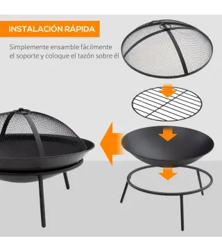 Brasero de Exterior con Tapa y Atizador Pozo de Fuego de Metal para Terraza Patio Jardín Ø47x33 cm Negro