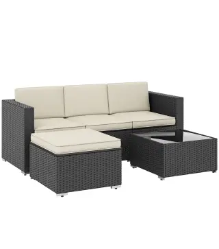 Conjunto de Muebles de Ratán de Jardín Sofá de 3 Plazas Taburete y Mesa de Centro con Encimera de Cristal Negro