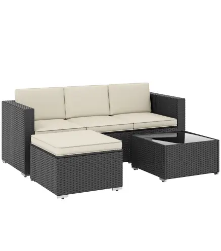 Conjunto de Muebles de Ratán de Jardín Sofá de 3 Plazas Taburete y Mesa de Centro con Encimera de Cristal Negro