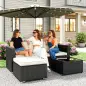 Conjunto de Muebles de Ratán de Jardín Sofá de 3 Plazas Taburete y Mesa de Centro con Encimera de Cristal Negro
