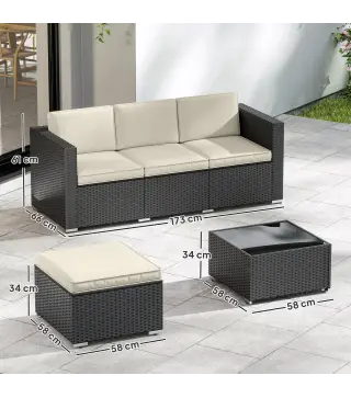 Conjunto de Muebles de Ratán de Jardín Sofá de 3 Plazas Taburete y Mesa de Centro con Encimera de Cristal Negro