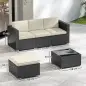 Conjunto de Muebles de Ratán de Jardín Sofá de 3 Plazas Taburete y Mesa de Centro con Encimera de Cristal Negro