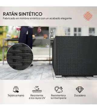 Conjunto de Muebles de Ratán de Jardín Sofá de 3 Plazas Taburete y Mesa de Centro con Encimera de Cristal Negro