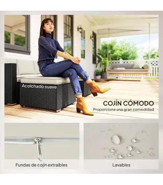 Conjunto de Muebles de Ratán de Jardín Sofá de 3 Plazas Taburete y Mesa de Centro con Encimera de Cristal Negro