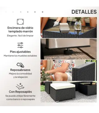 Conjunto de Muebles de Ratán de Jardín Sofá de 3 Plazas Taburete y Mesa de Centro con Encimera de Cristal Negro