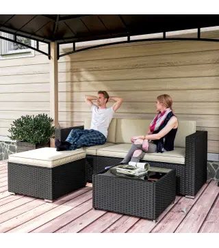 Conjunto de Muebles de Ratán de Jardín Sofá de 3 Plazas Taburete y Mesa de Centro con Encimera de Cristal Negro