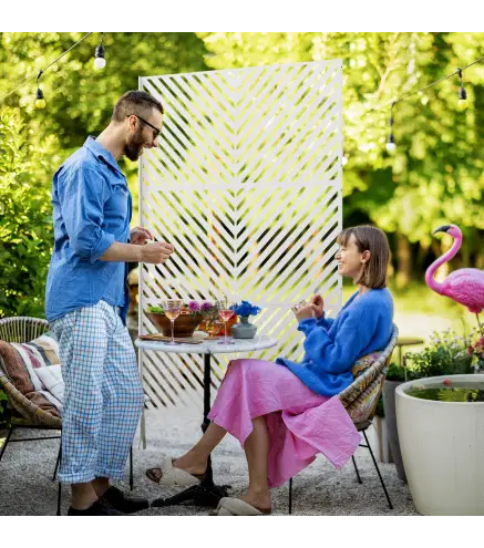 Separador de Ambientes Exterior con 3 Piezas Patrón de Triángulo Invertido con Marco de Acero 122x45x198 cm Blanco