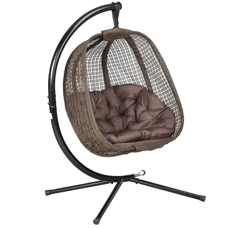 Sillón Colgante con Efecto Imitación Ratán Soporte de Acero Cesta Plegable Bolsa de Taza y Cojines Carga 120 kg Café