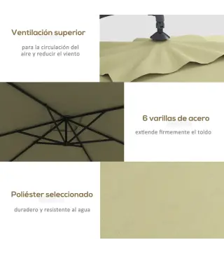 Sombrilla Excéntrica para Jardín Grande Apertura con Manivela Poste de Metal y Base Cruzada 294x193x250 cm Beige