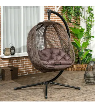 Sillón Colgante con Efecto Imitación Ratán Soporte de Acero Cesta Plegable Bolsa de Taza y Cojines Carga 120 kg Café