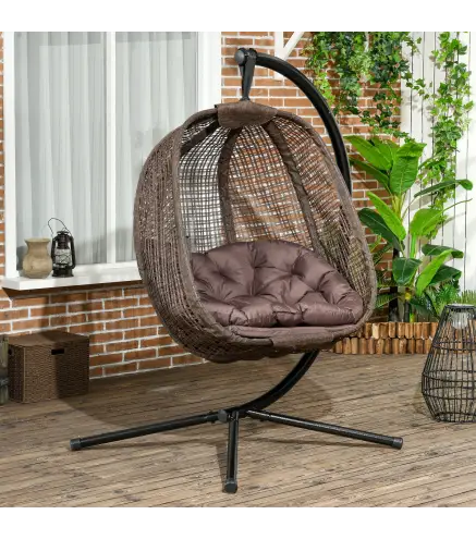 Sillón Colgante con Efecto Imitación Ratán Soporte de Acero Cesta Plegable Bolsa de Taza y Cojines Carga 120 kg Café