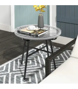 Mesa Auxiliar de Ratán Sintético Redonda para Exteriores con Encimera de Vidrio Templado Ø50x50 cm Gris