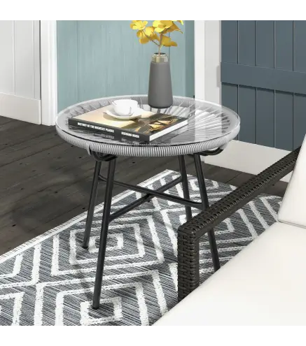 Mesa Auxiliar de Ratán Sintético Redonda para Exteriores con Encimera de Vidrio Templado Ø50x50 cm Gris