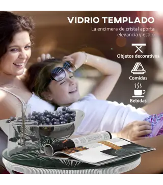 Mesa Auxiliar de Ratán Sintético Redonda para Exteriores con Encimera de Vidrio Templado Ø50x50 cm Gris