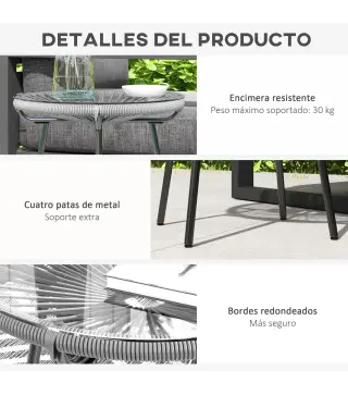 Mesa Auxiliar de Ratán Sintético Redonda para Exteriores con Encimera de Vidrio Templado Ø50x50 cm Gris