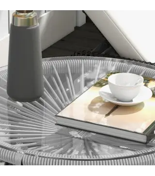 Mesa Auxiliar de Ratán Sintético Redonda para Exteriores con Encimera de Vidrio Templado Ø50x50 cm Gris