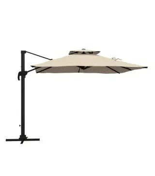 Sombrilla de Jardín 300x300 cm Parasol de Aluminio con Manivela Poste Giratorio 360° Doble Techo Inclinable Caqui