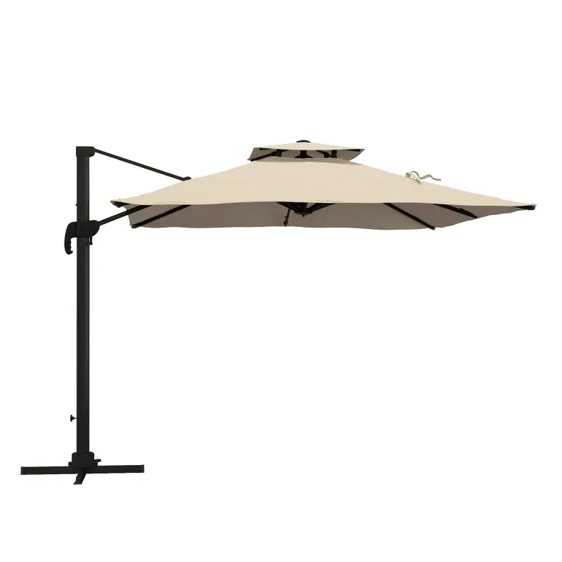 Sombrilla de Jardín 300x300 cm Parasol de Aluminio con Manivela Poste Giratorio 360° Doble Techo Inclinable Caqui